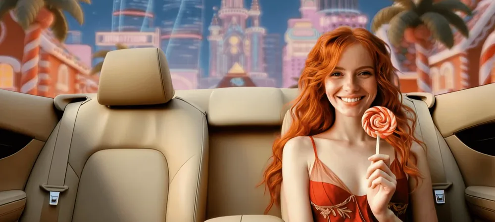 Iris Casino Login: Frau mit Lutscher im Cabrio